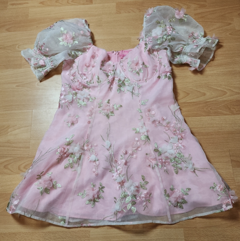 Sugar Thrillz 3D Floral Pink Green Puff Sleeve Mini Dress Size 1X Fairy Coquette - Picture 11 of 16